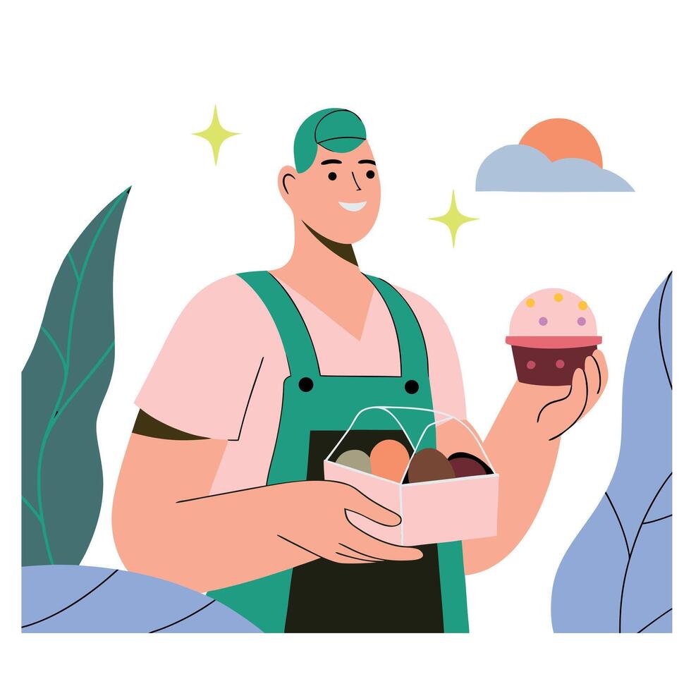 A man is holding a box of cupcakes and smiling. The image has a happy and cheerful mood vector