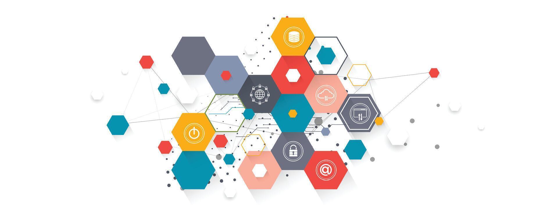 a colorful hexagon pattern with various icons vector