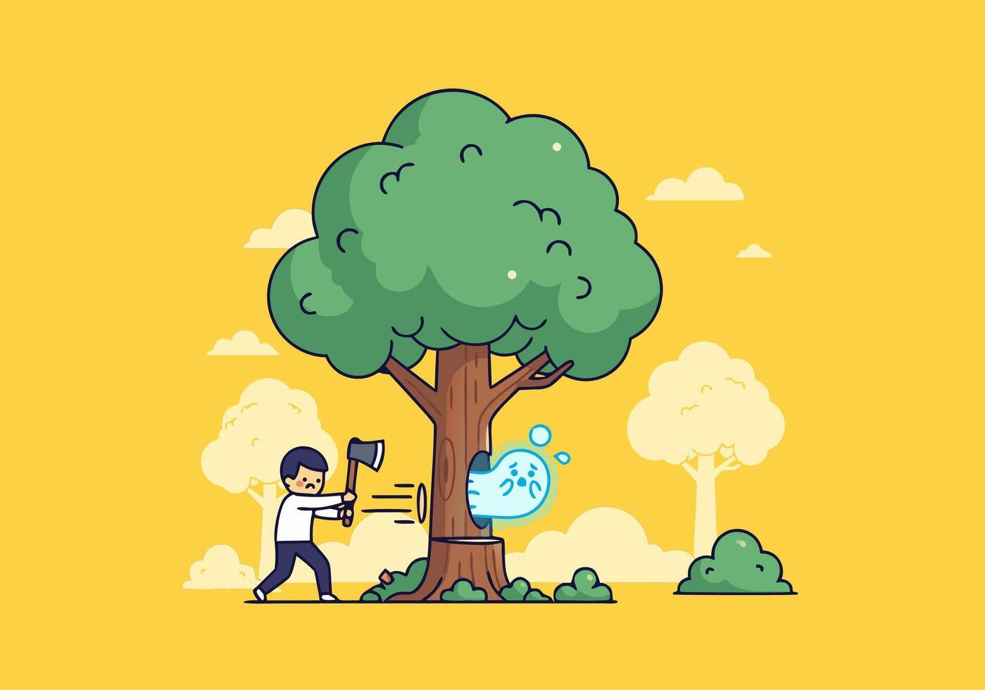 man chopping a tree with a cute spirit appearing from the trunk vector