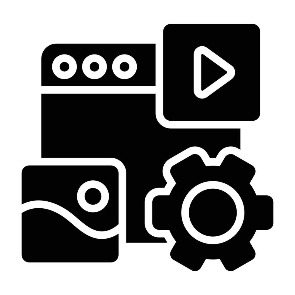 Solid black layout combining image, play button, and gear, ideal for content creation, media tools, digital platforms, and creative workflows. vector
