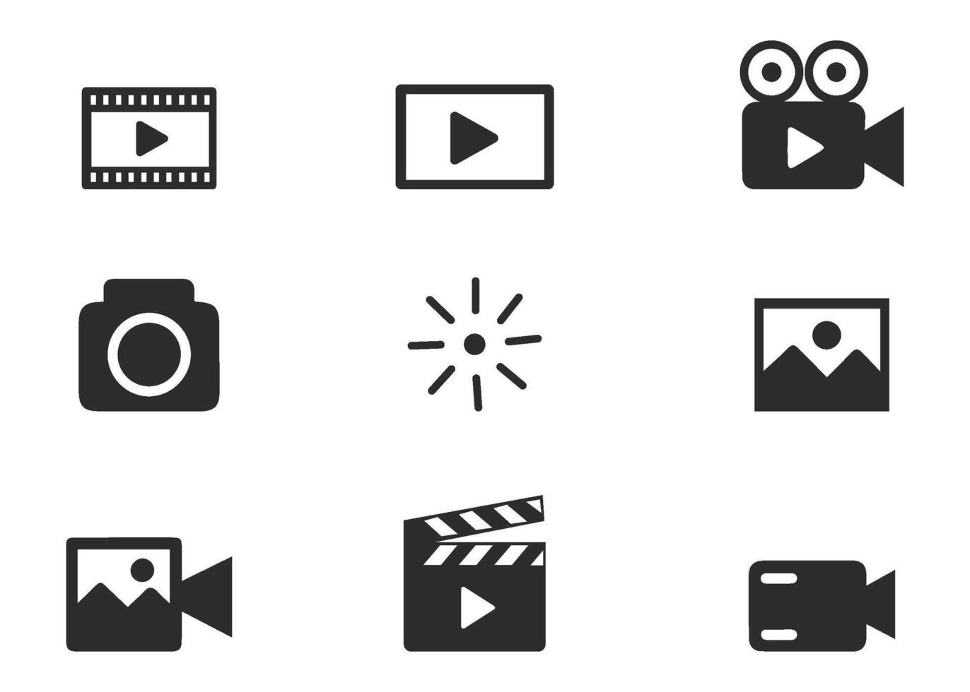 Minimal media and photography icon set including camera, , play, gallery, and clapper symbols for creative and digital projects. vector