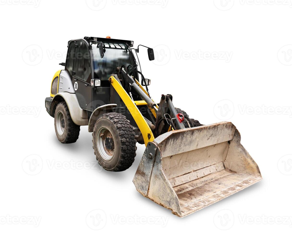 A compact tractor with a front loader, isolated on a white background. The tractor features large wheels and a sturdy design, suitable for various agricultural tasks. photo