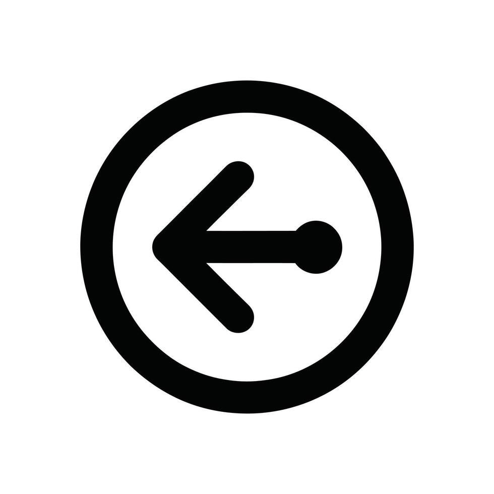 A bold black arrow pointing left within a circular outline on a plain white backdrop vector
