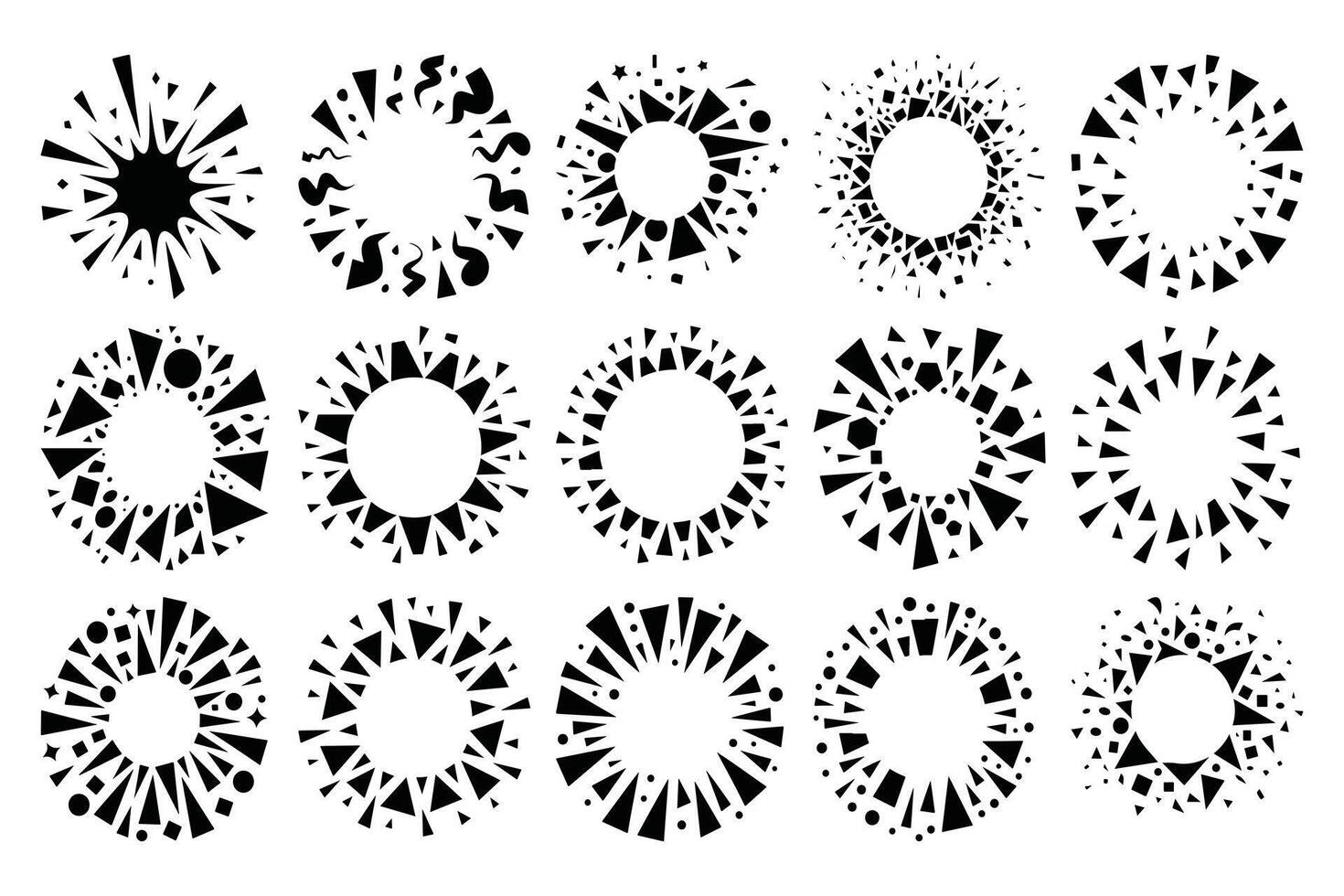 Black abstract geometric burst shapes circular frames vector