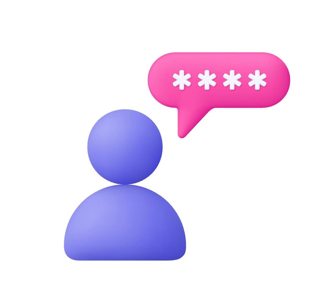 Purple user icon and pink speech bubble with password. Login, privacy, account security, identity protection, safe communication and cybersecurity concept. 3d icon. Cartoon minimal style. vector