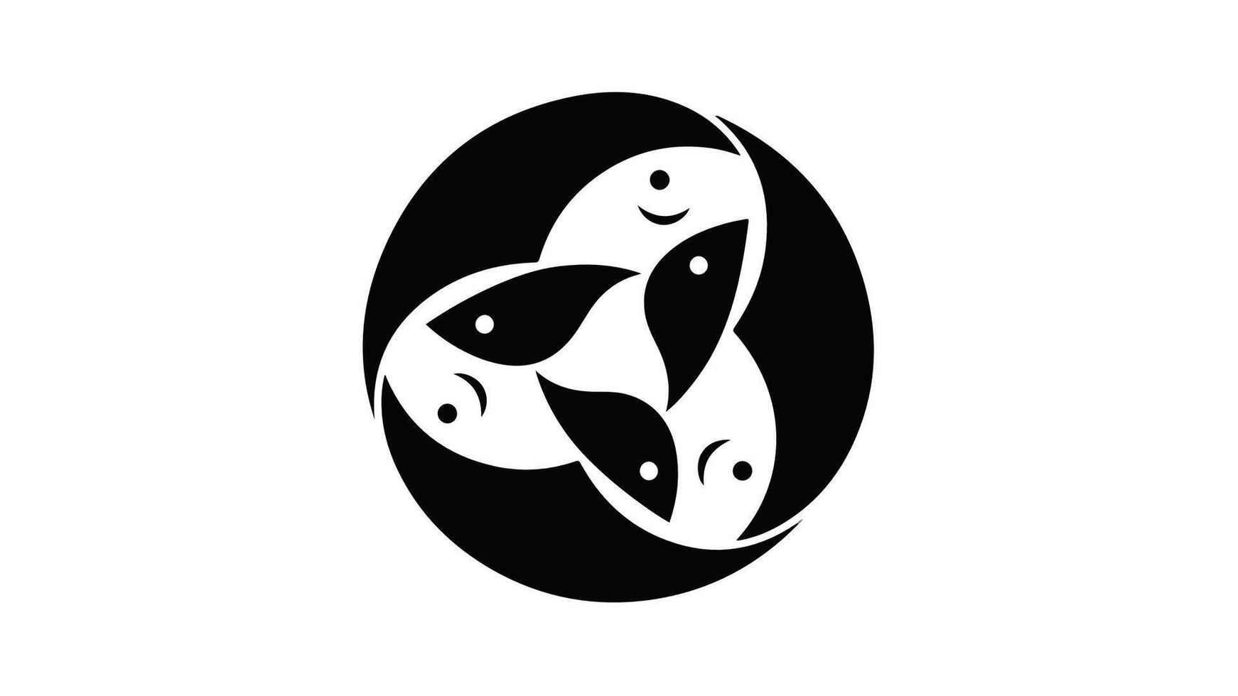 Black and white circular design with three fish intertwined in a symbolic pattern. vector