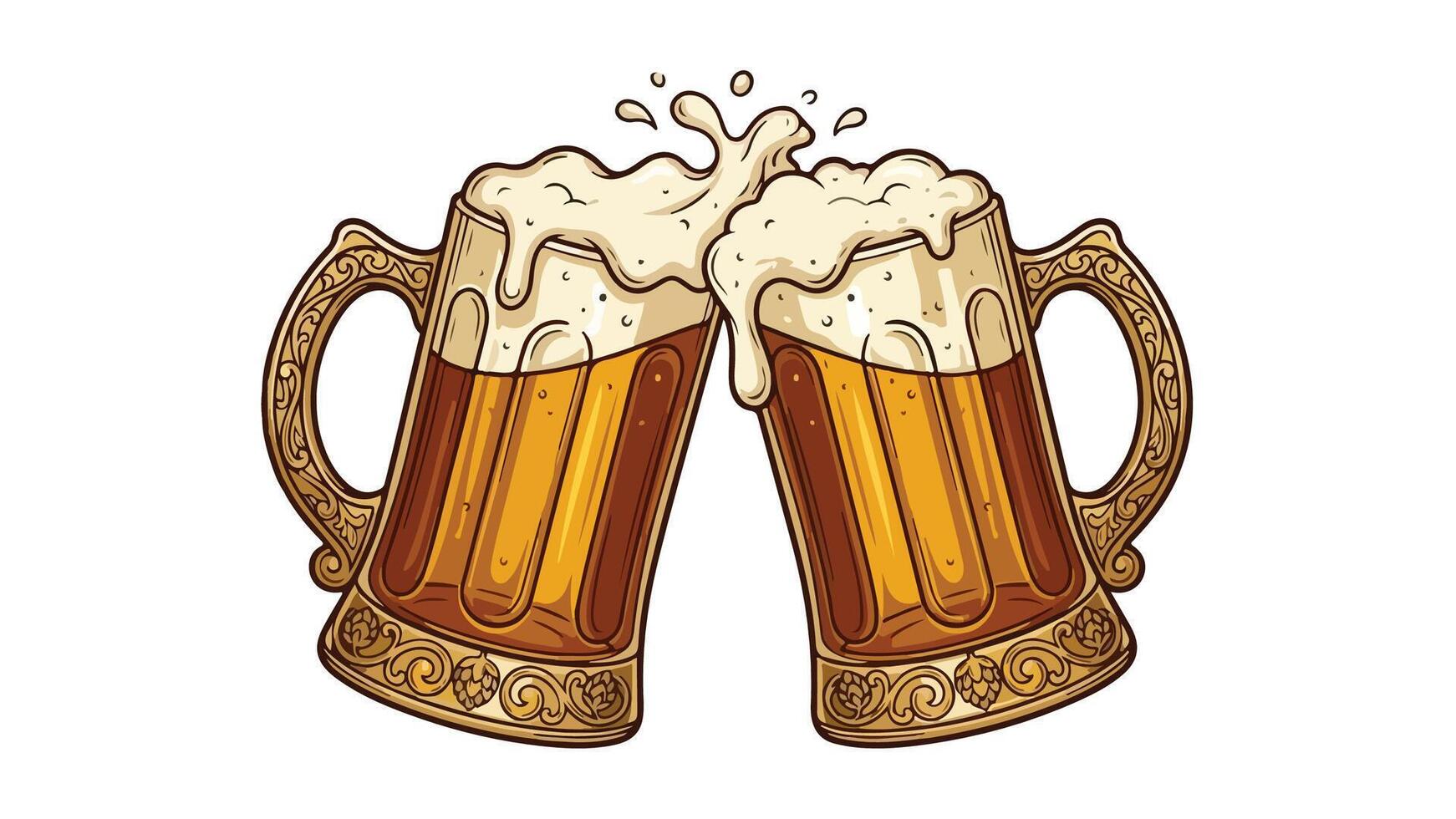 Two beer mugs clinking together with a splash of foam. vector