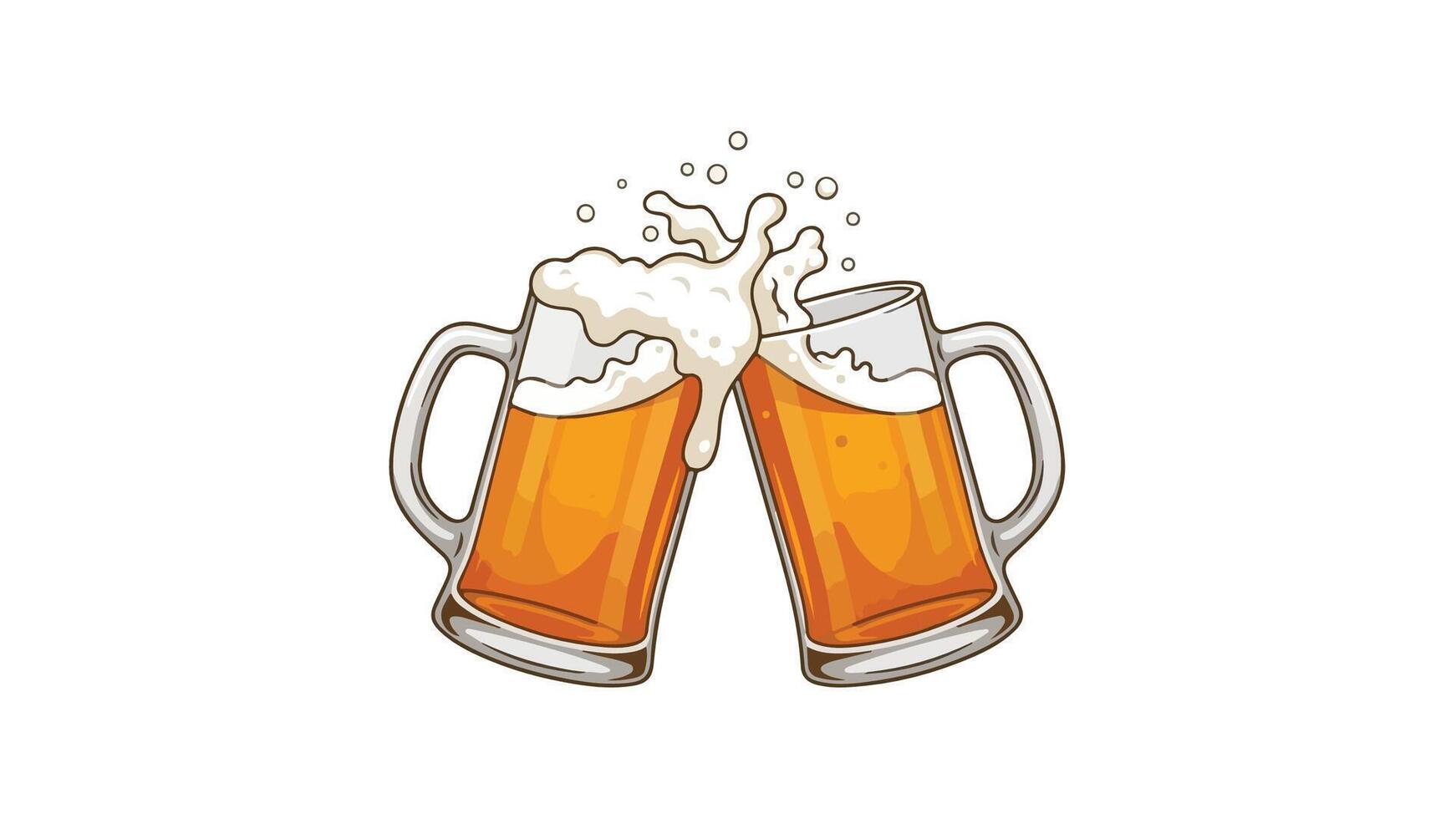 Two Beer Mugs Clinking Together with Splashing Foam. vector