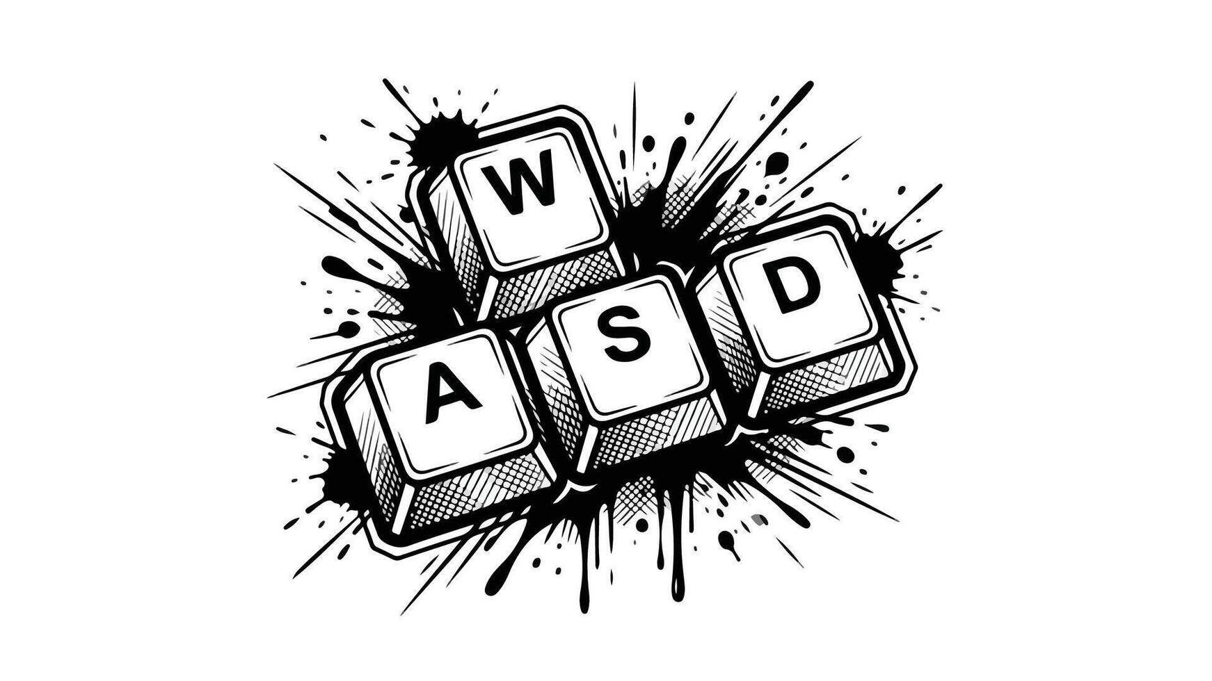 WASD keyboard keys with ink splatter gaming concept. vector