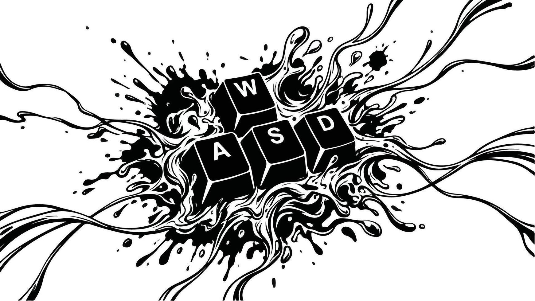 WASD keyboard keys with ink splash and lines. vector