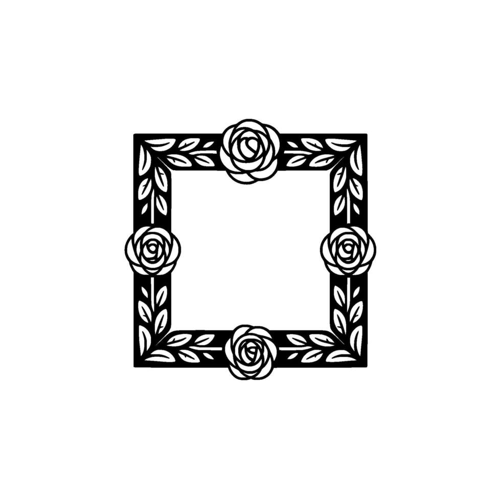 A sophisticated silhouette of a square frame adorned with stylized roses and elegant leaves creating a decorative border perfect for invitations or elements vector