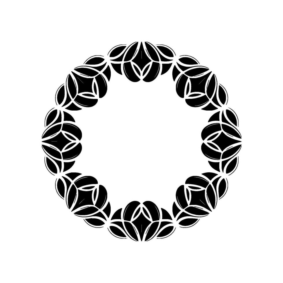 A precise and intricate geometric mandala pattern forming a circular frame with symmetrical petal like motifs vector