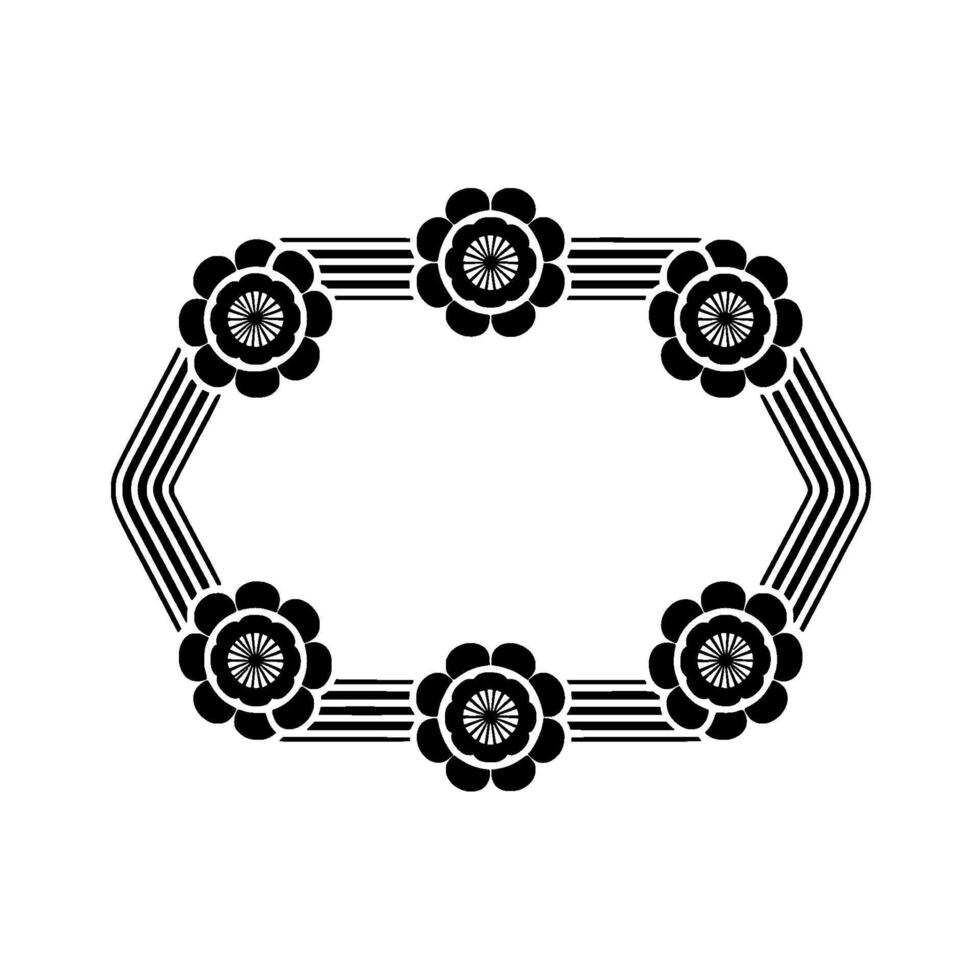 A minimalist featuring a symmetrical hexagonal frame composed of stylized floral elements connected by parallel horizontal and angled lines vector