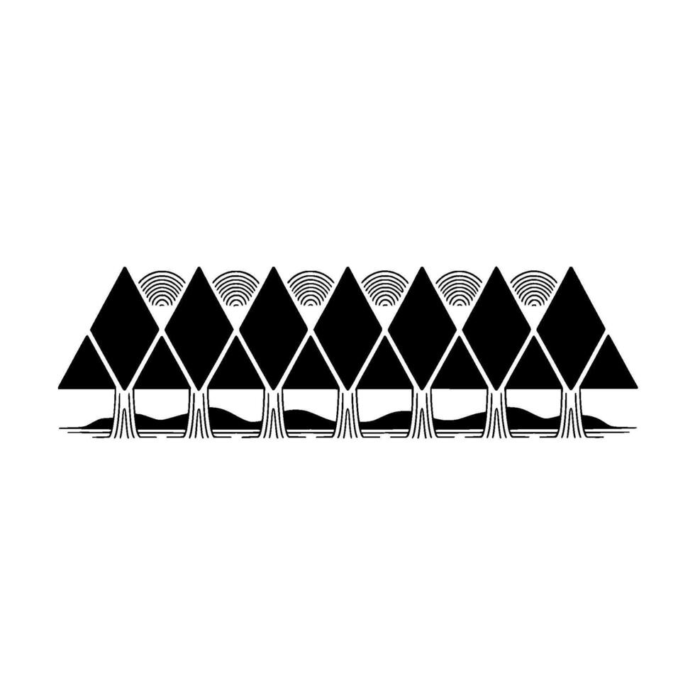 A minimalist geometric illustration of a stylized forest with diamond shaped trees featuring wavy ground and concentric circle suns vector