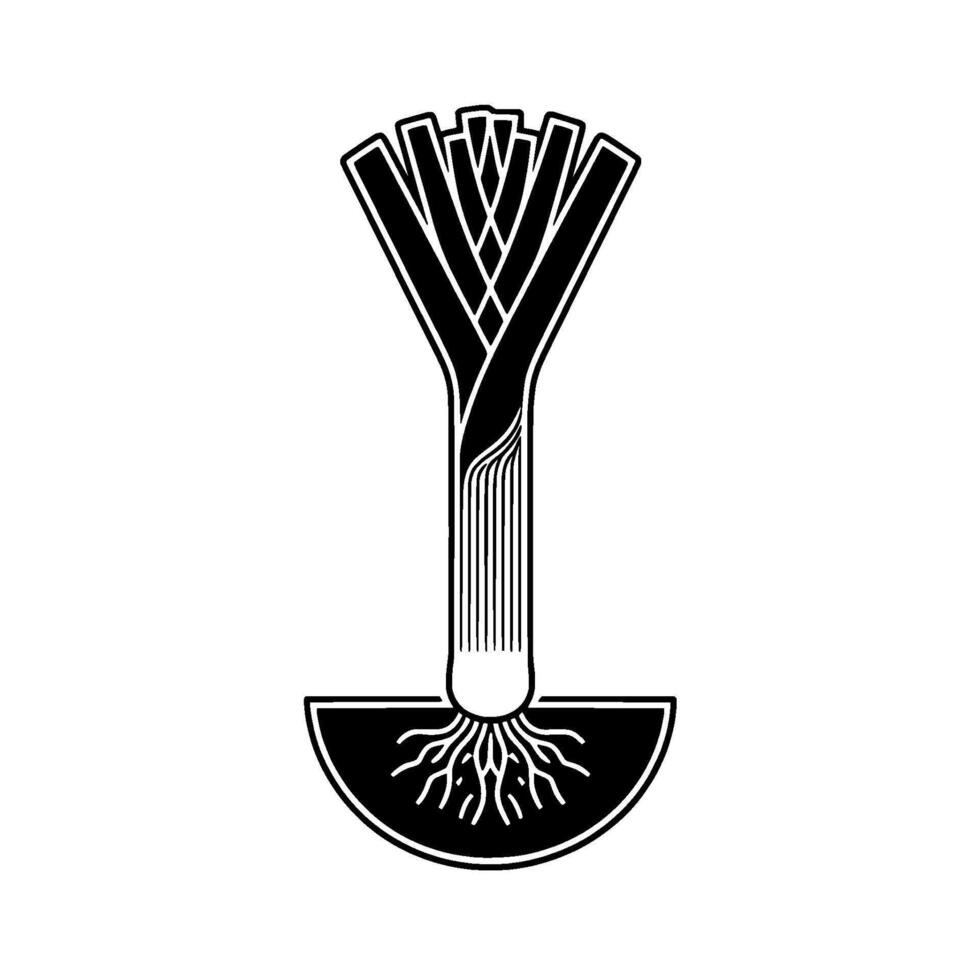 Minimalist illustration of a leek vegetable with roots emerging from a semicircle of soil isolated vector