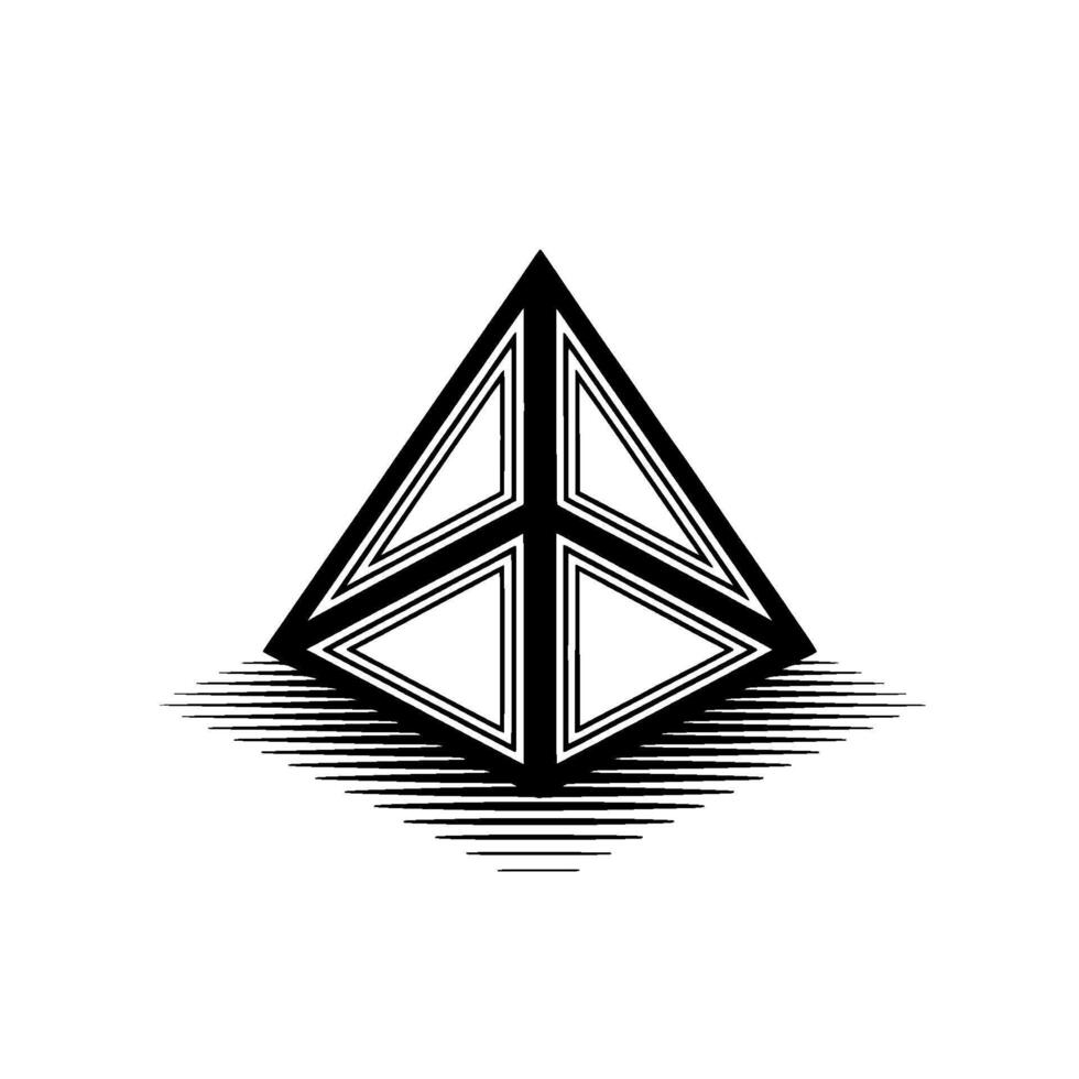 A stark abstract geometric featuring a sharp edged triangular pyramid shape with internal divisions and a linear hatched shadow effect cast upon a plain background representing conceptual moder vector