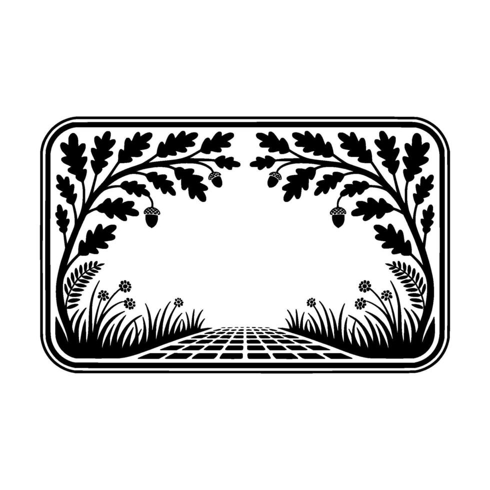 A decorative frame featuring symmetrical oak branches with acorns and wildflowers framing a tiled path leading inwards creating a natural border vector