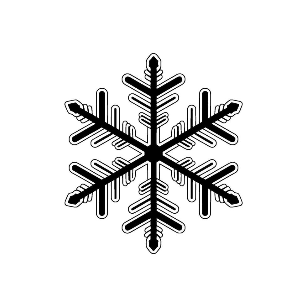 A sharp representation of a symmetrical six branched snowflake with detailed fractal patterns rendered in bold lines and outlines vector