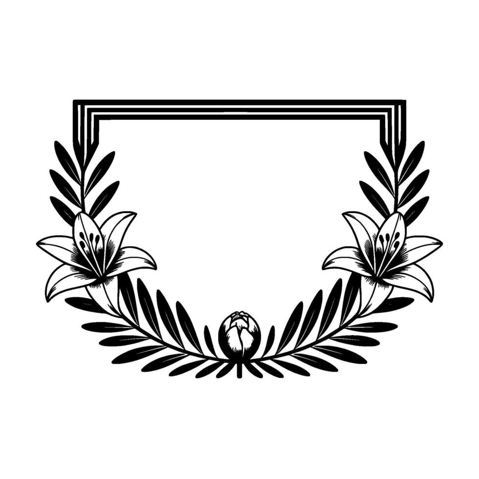 Elegant decorative frame featuring blooming lilies and a closed bud accentuating a central empty space suitable for text or elements vector