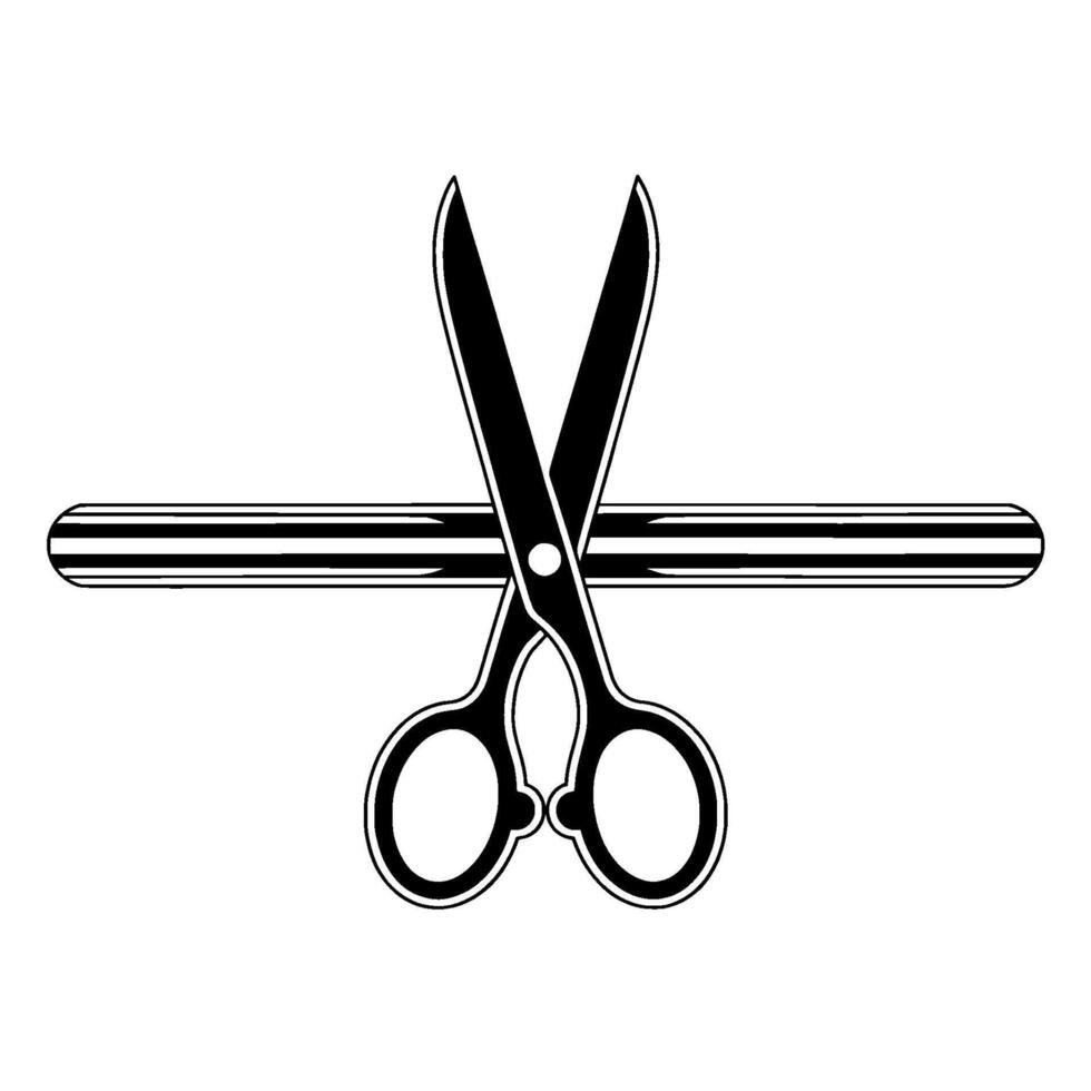 A stark illustration of a pair of open scissors crossing over a horizontal striped element vector