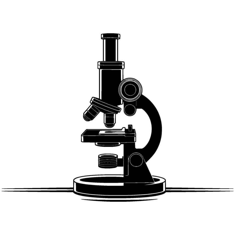 A minimalist silhouette of a classic compound optical microscope with two eyepieces and a stage for slides centered vector
