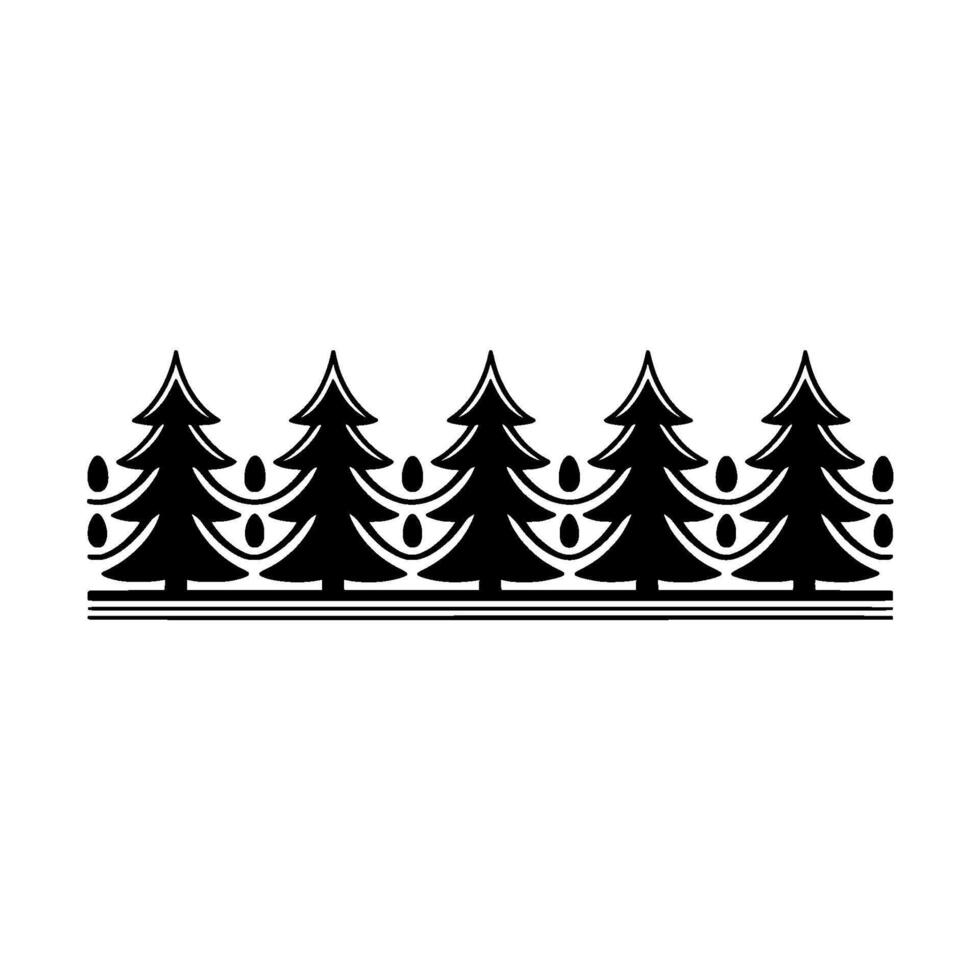 A monochromatic illustration of a repeating pattern featuring stylized fir trees with decorative oval shapes and horizontal line accents isolated vector