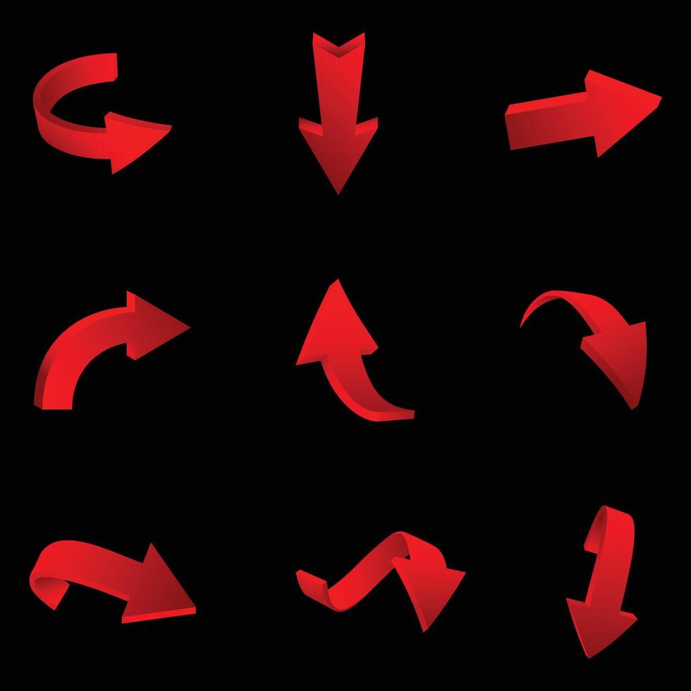 Glossy 3D red arrow icon set featuring various directions and curved styles on a dark background. Ideal for UI elements, presentations, infographics, and digital design projects. vector