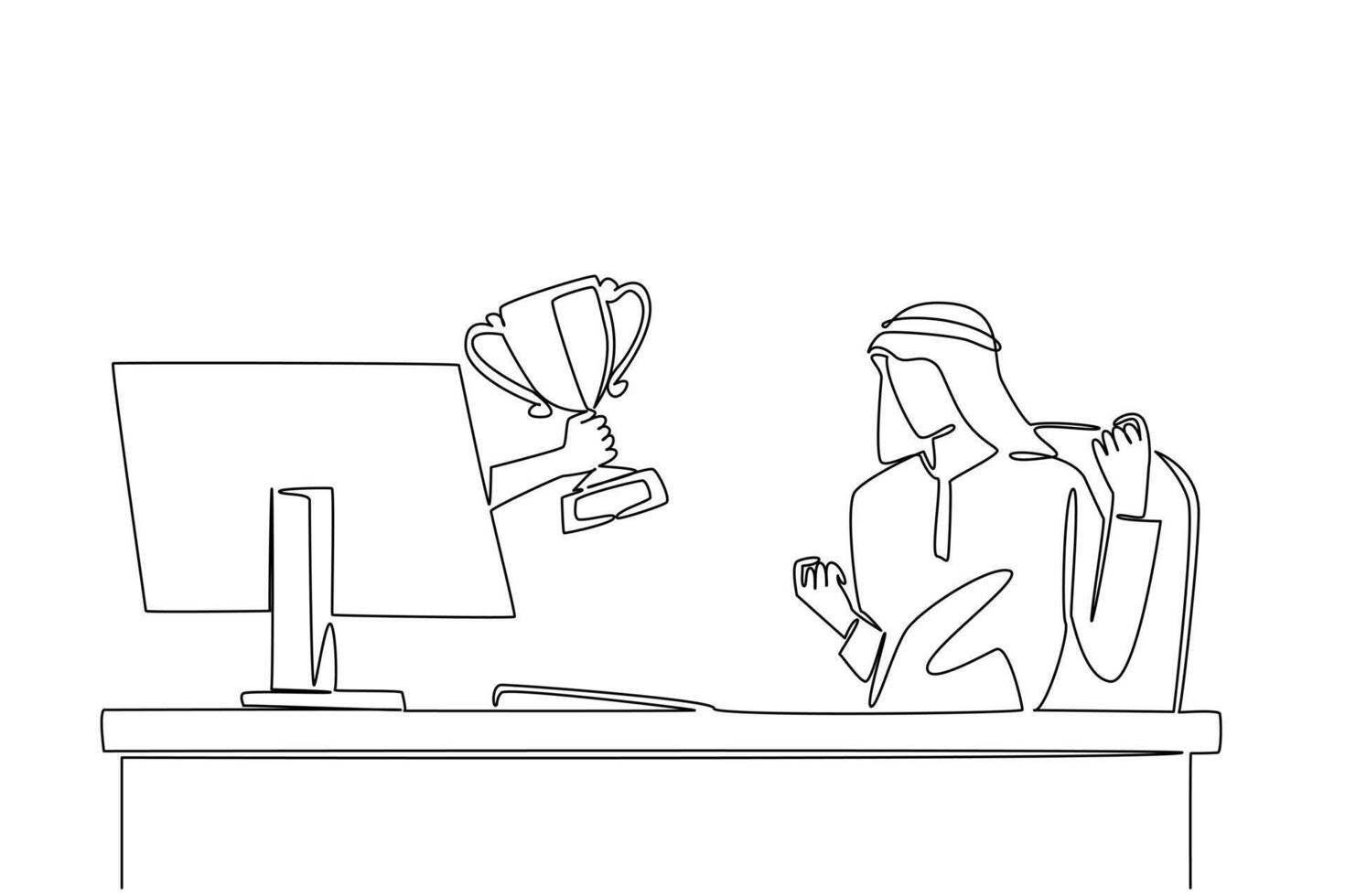 Single continuous line drawing hands out of the monitor screen while holding trophy. Inauguration as the most successful businessman in Arabia. Things from Screen. One line design vector