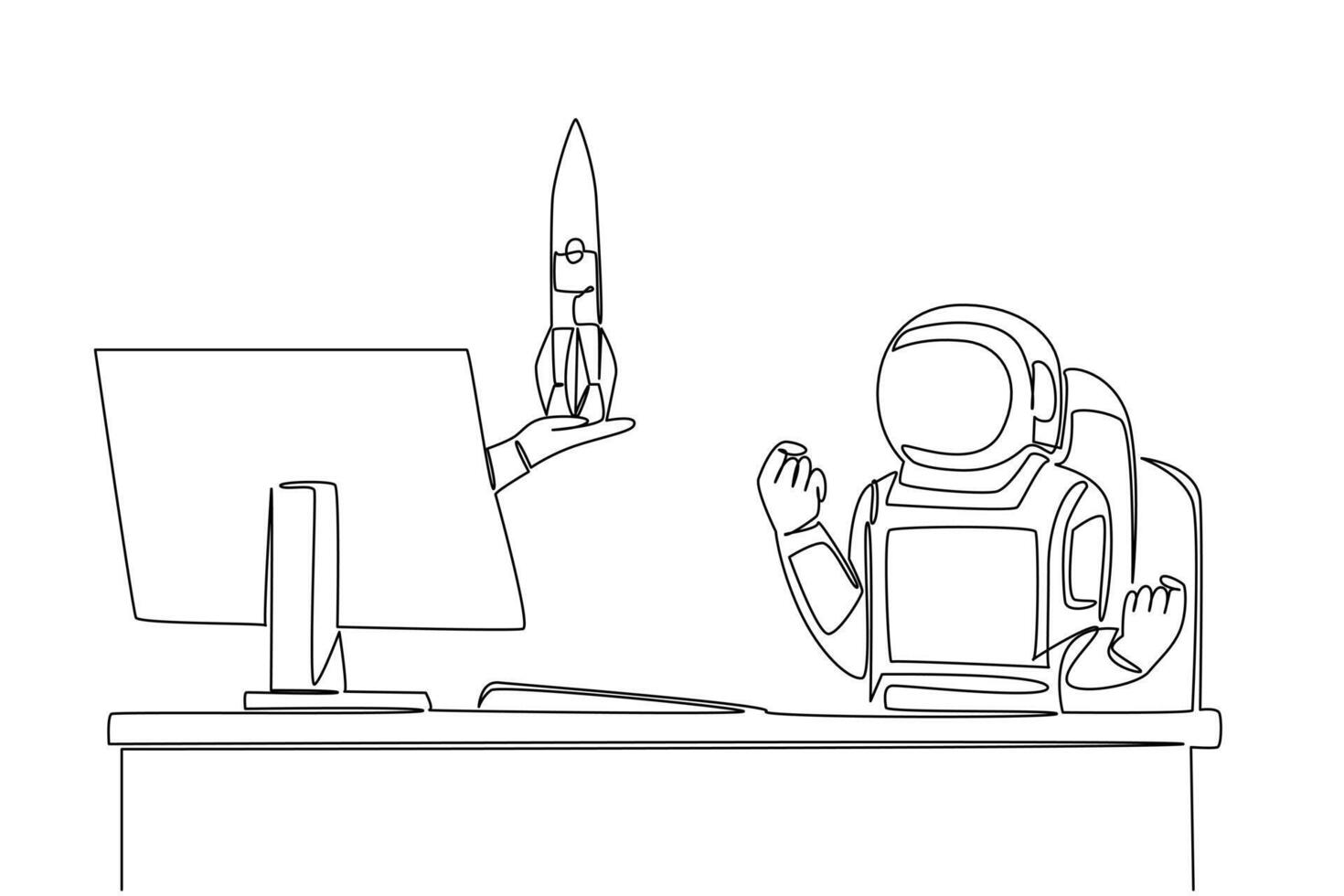 Single one line drawing hand of astronaut out of monitor screen while holding a rocket. Expedition rocket successfully refurbished. Things from Screen. Continuous line design illustration vector