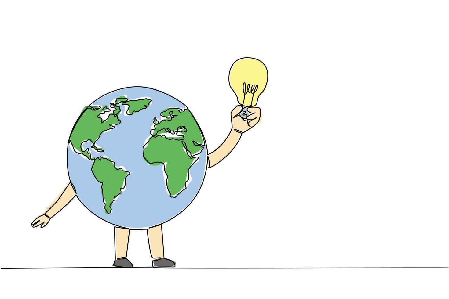 Single one line drawing globe character holding a light bulb. Unique and funny character. Energy dependency. Brighten the earth. International Day of Light. Continuous line design graphic illustration vector