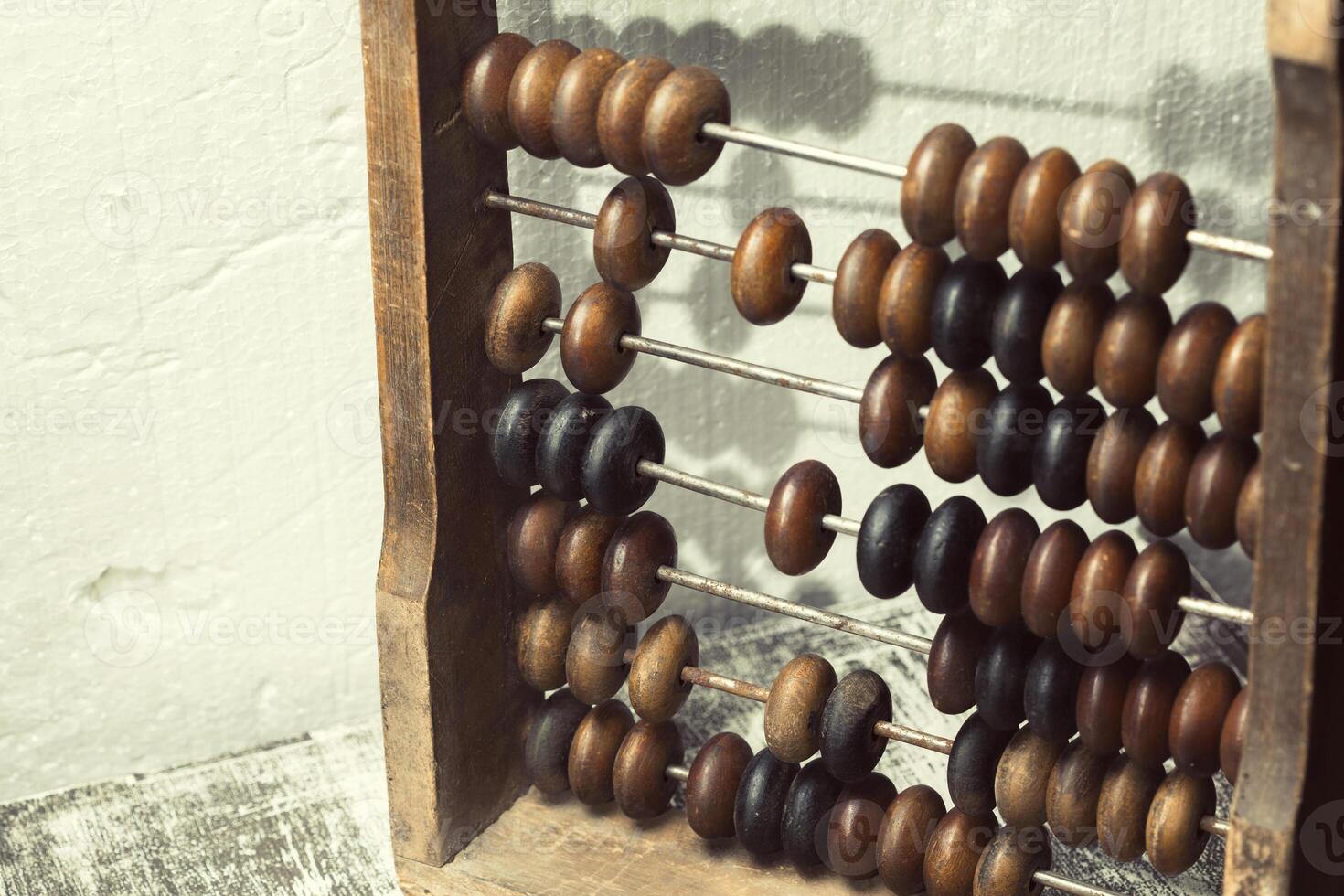 Classic wooden abacus used for counting and calculations in a simple workspace photo