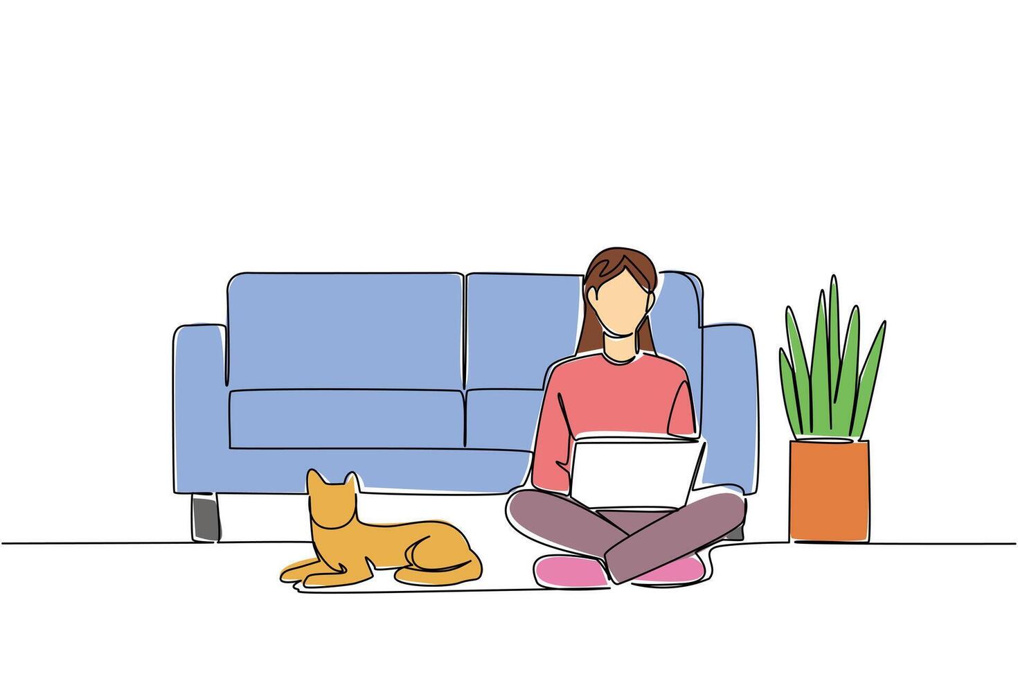 Continuous one line drawing woman sitting cross legged on floor with laptop on lap and cat lying down. Architect. Designing. National Work From Home Day. Single line draw design illustration vector