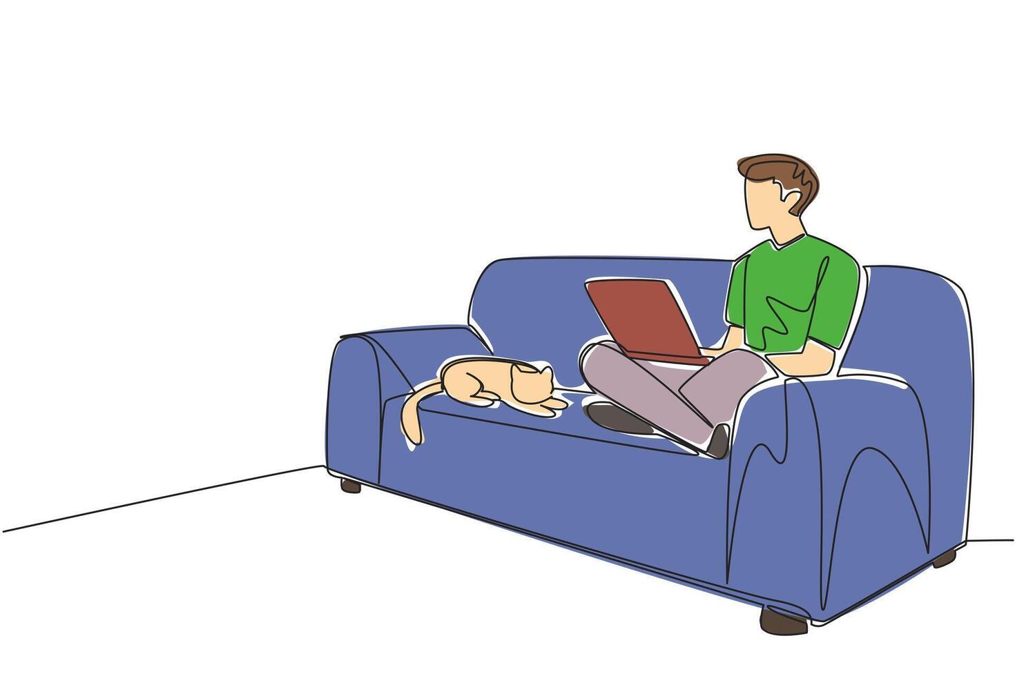 Single one line drawing a man sitting cross legged on sofa with laptop on lap and cat lying down. Making financial reporting. National Work From Home Day. Continuous line design graphic illustration vector