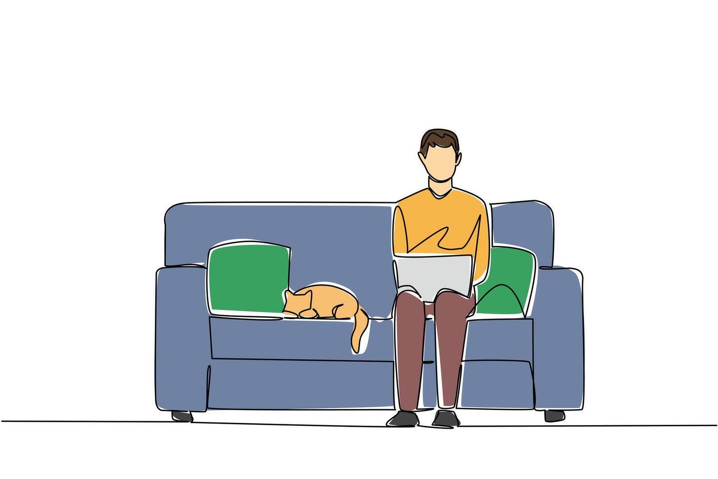Single continuous line drawing man sits on sofa typing laptop on lap and cat lying down. Complete remote overseas jobs one by one. National Work From Home Day. One line design illustration vector