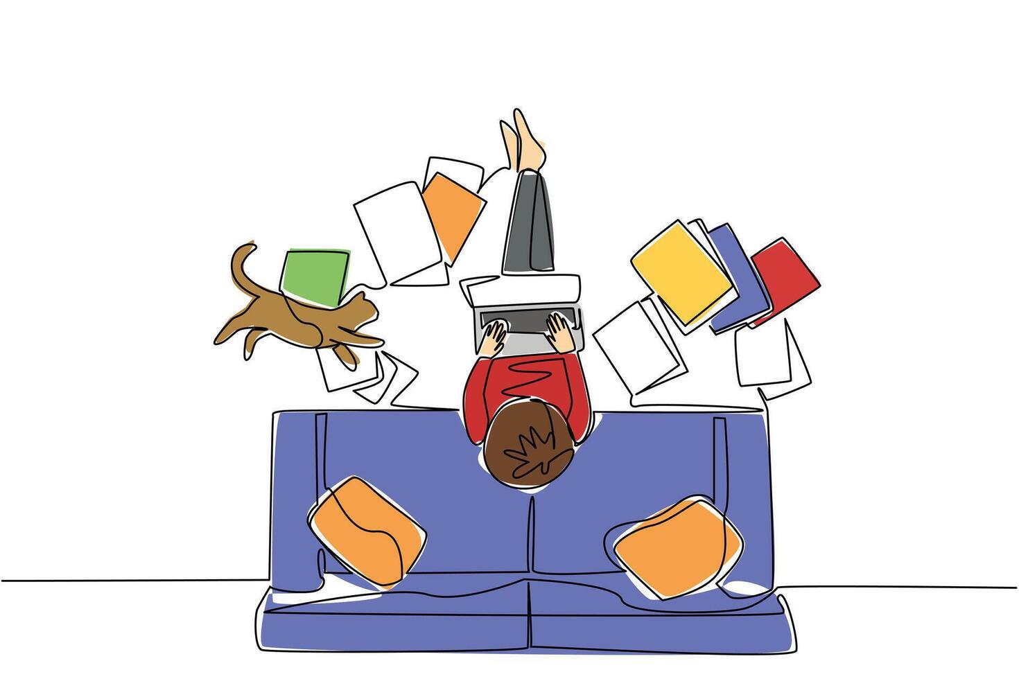 Continuous one line drawing man sits on floor types on laptop with papers scattered around and cat lying down. Smooth business. National Work From Home Day. Single line draw design illustration vector