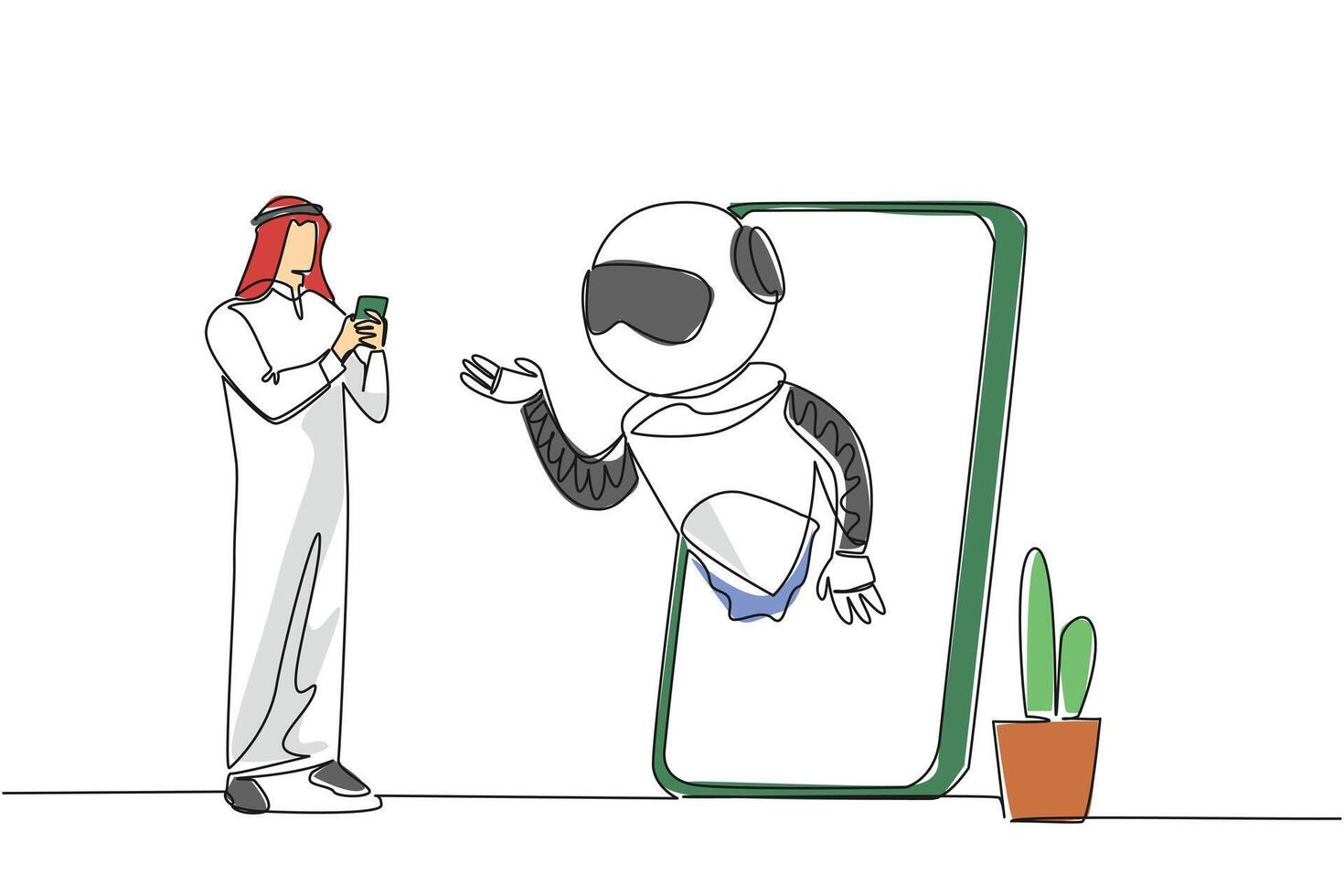 Single continuous line drawing Arab man stands holds smartphone and robot comes out of large smartphone. Help from technology. International Virtual Assistants Day. One line design illustration vector