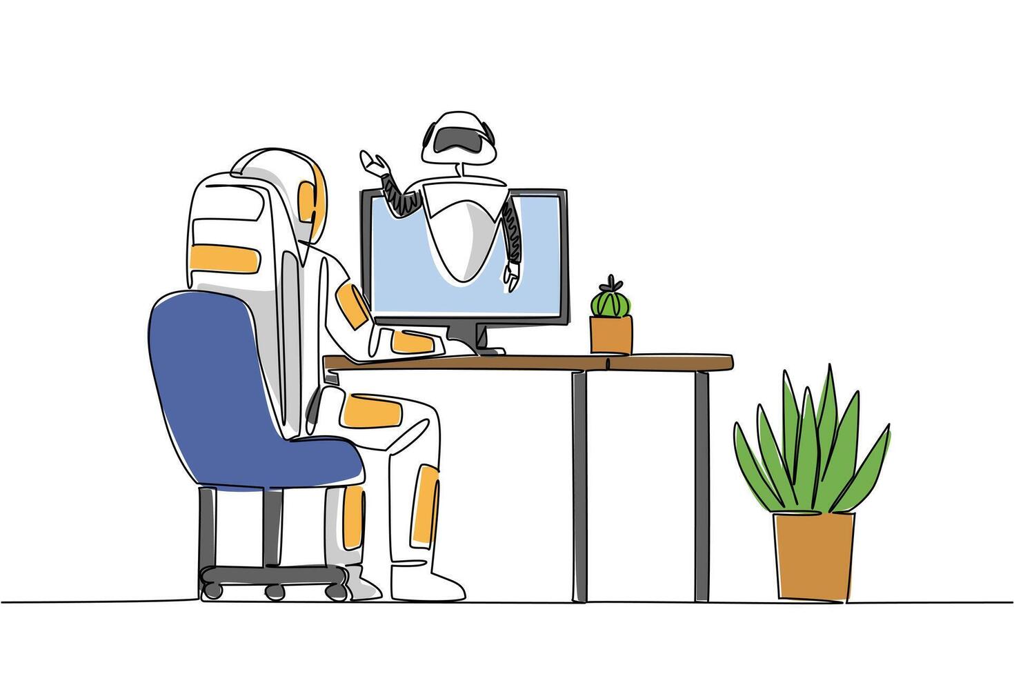 soltero continuo línea dibujo astronauta caras monitor y desde monitor pantalla un robot viene afuera. astronauta preguntando para ayuda. internacional virtual asistentes día. uno línea diseño ilustración vector