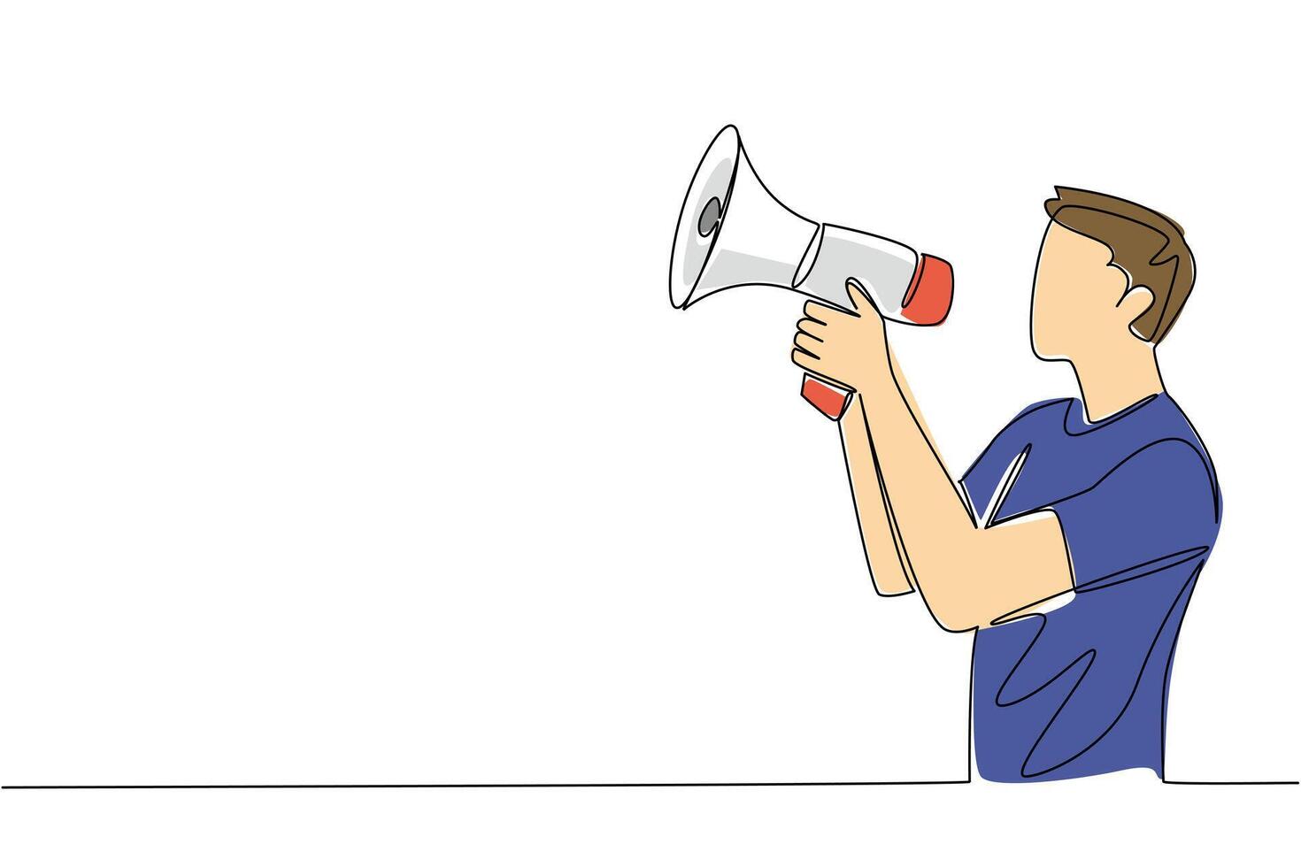 Continuous one line drawing casual dressed man holding megaphone and shouting. Shout out. Give a speech in the crowd. Loud voice. National Be Heard Day. Single line draw design illustration vector