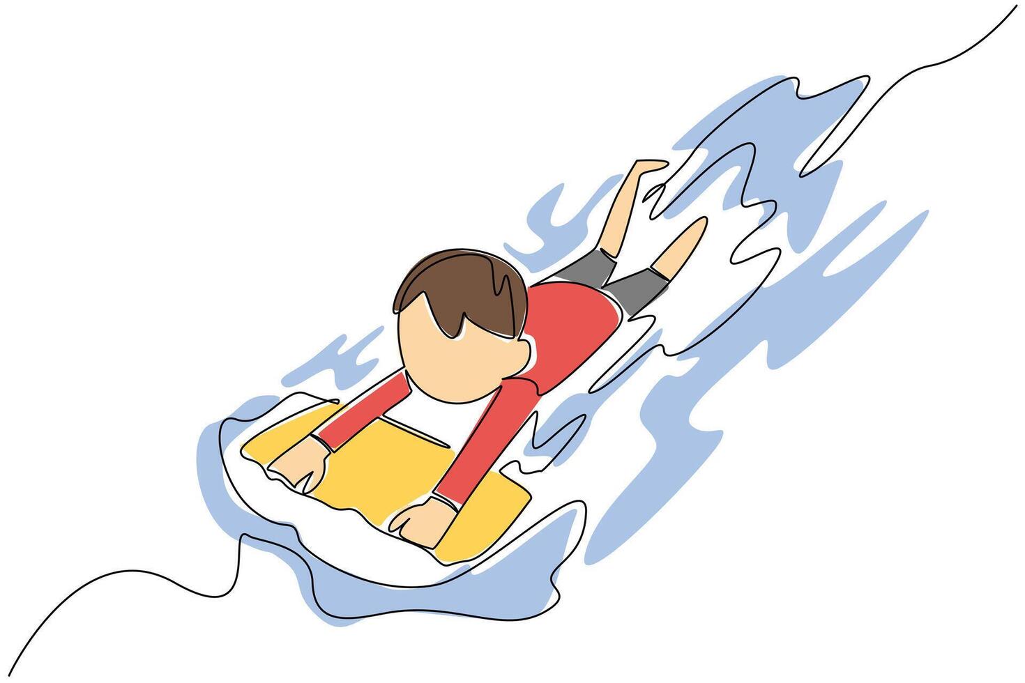 Single continuous line drawing a boy learns to swim using float. Aspiring to become a professional swimmer. Practice seriously. Newbie. National Learn to Swim Day. One line design illustration vector