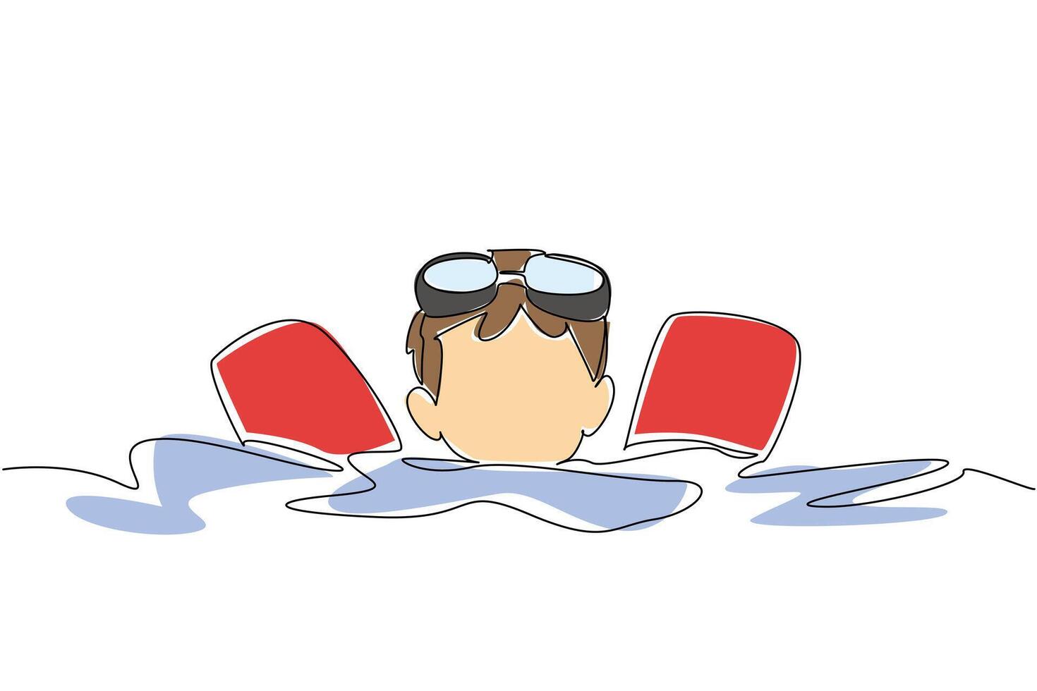 Continuous one line drawing a boy learns to swim using a swim noodle and his head is visible. Independent floating exercises. National Learn to Swim Day. Single line draw design illustration vector