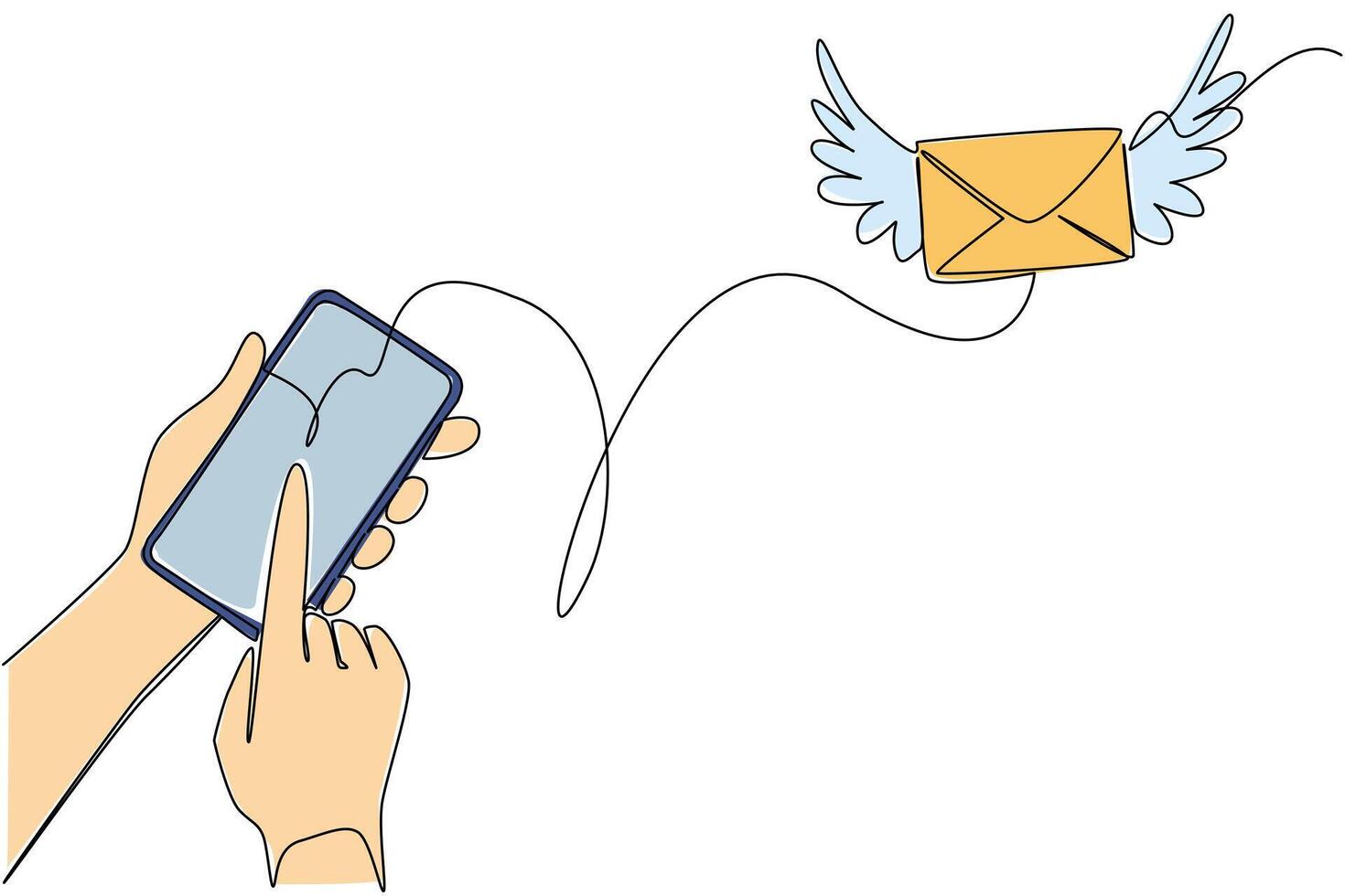 Single continuous line drawing winged envelope emerges from the screen of smartphone being held by hand. Technology in hand. Send an Electronic Greeting Card Day. One line design illustration vector