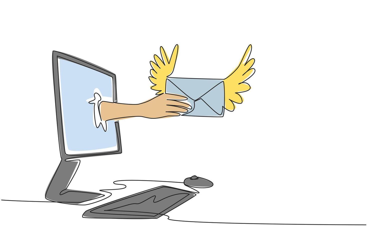 Single one line drawing hand holding winged envelope coming out of monitor screen. Taking advantage of the facilities. Send an Electronic Greeting Card Day. Continuous line design graphic illustration vector
