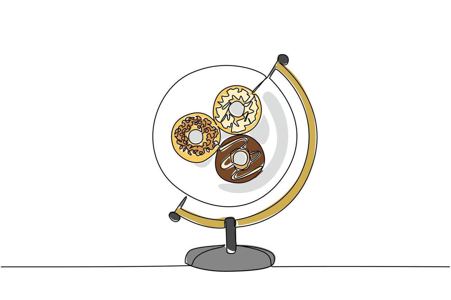 Single continuous line drawing a globe with a round plate in the middle containing 3 donuts with various toppings. Calm the mood. Delicious. World Baking Day. One line design illustration vector