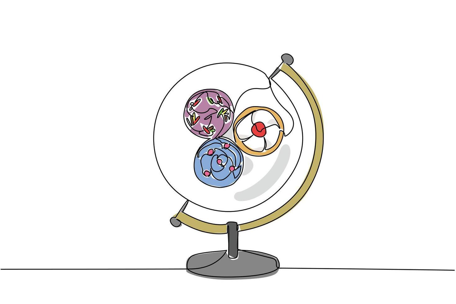 Single continuous line drawing a globe with a round plate in the middle containing 3 cupcakes. A practical and delicious dessert. Sweet. Filling. World Baking Day. One line design illustration vector