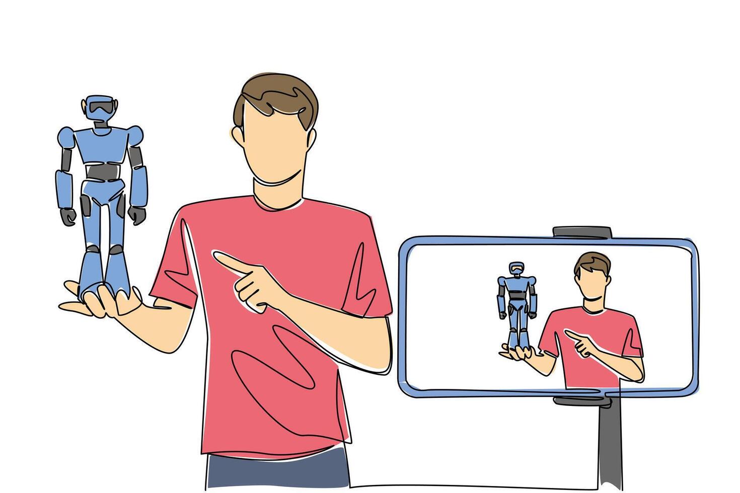 Single one line drawing a man holding robots and doing live streaming using a smartphone. Side job. Reviewing fancy robots. Live. National Streaming Day. Continuous line design graphic illustration vector