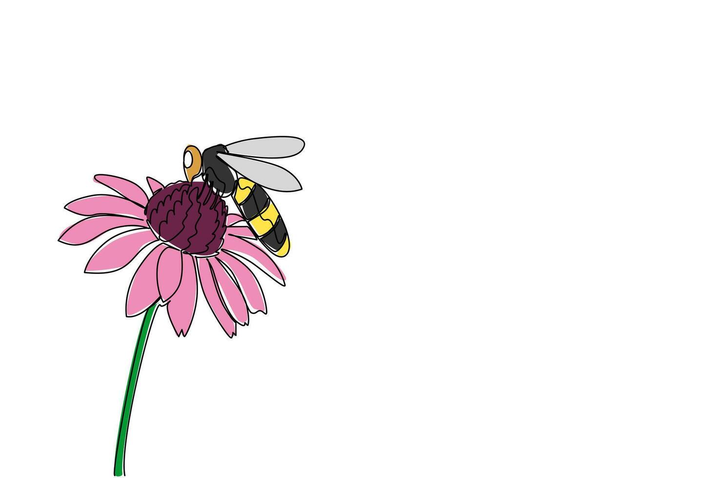 Single continuous line drawing a bee landed on flower. Looking for enough food before returning to the nest in the evening. Just land in a good place World Bee Day. One line design illustration vector