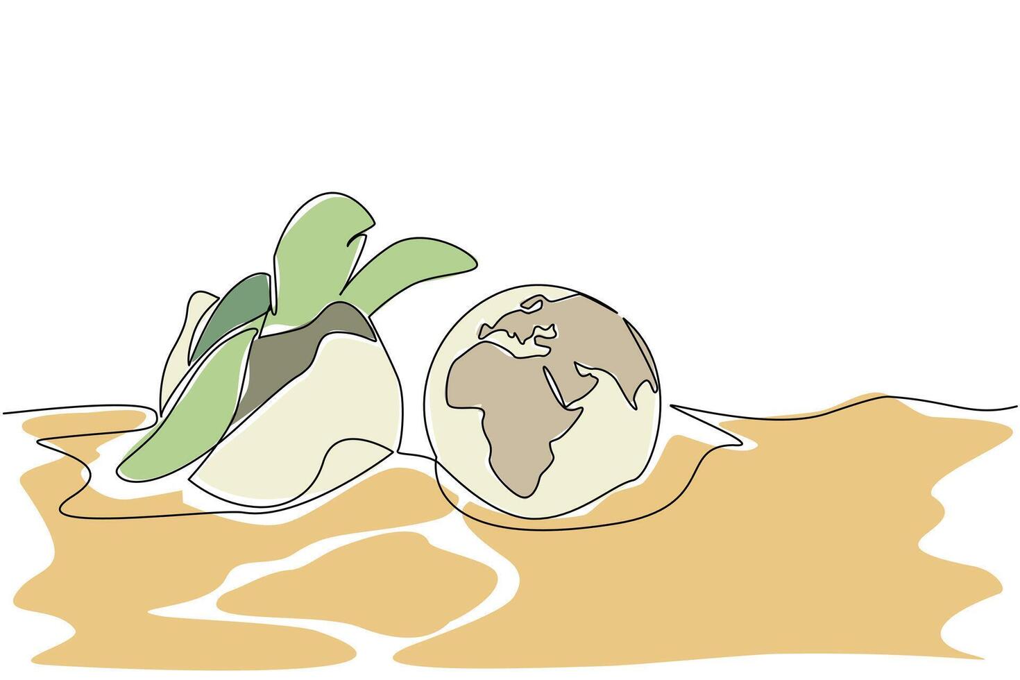 Single continuous line drawing turtles hatch from eggs and the eggs are intact with a globe like surface. Hatch one. Maintain the ecosystem. World Turtle Day. One line design illustration vector