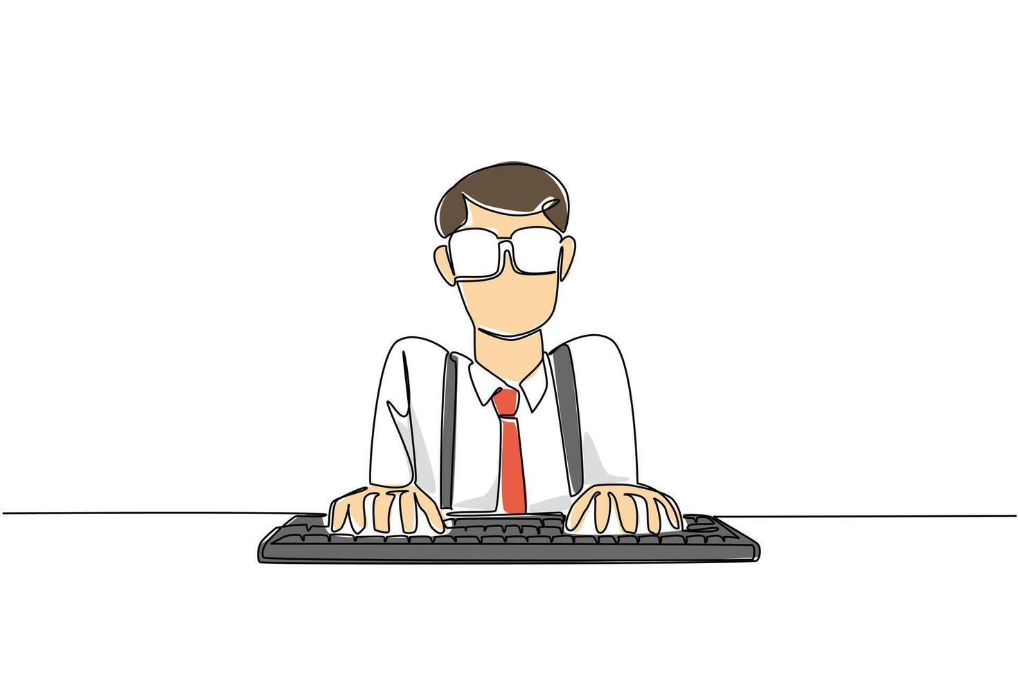 Single one line drawing man wear long sleeved shirt with suspender typing on computer keyboard. The most maniac about computer technology. Geek Pride Day. Continuous line design graphic illustration vector