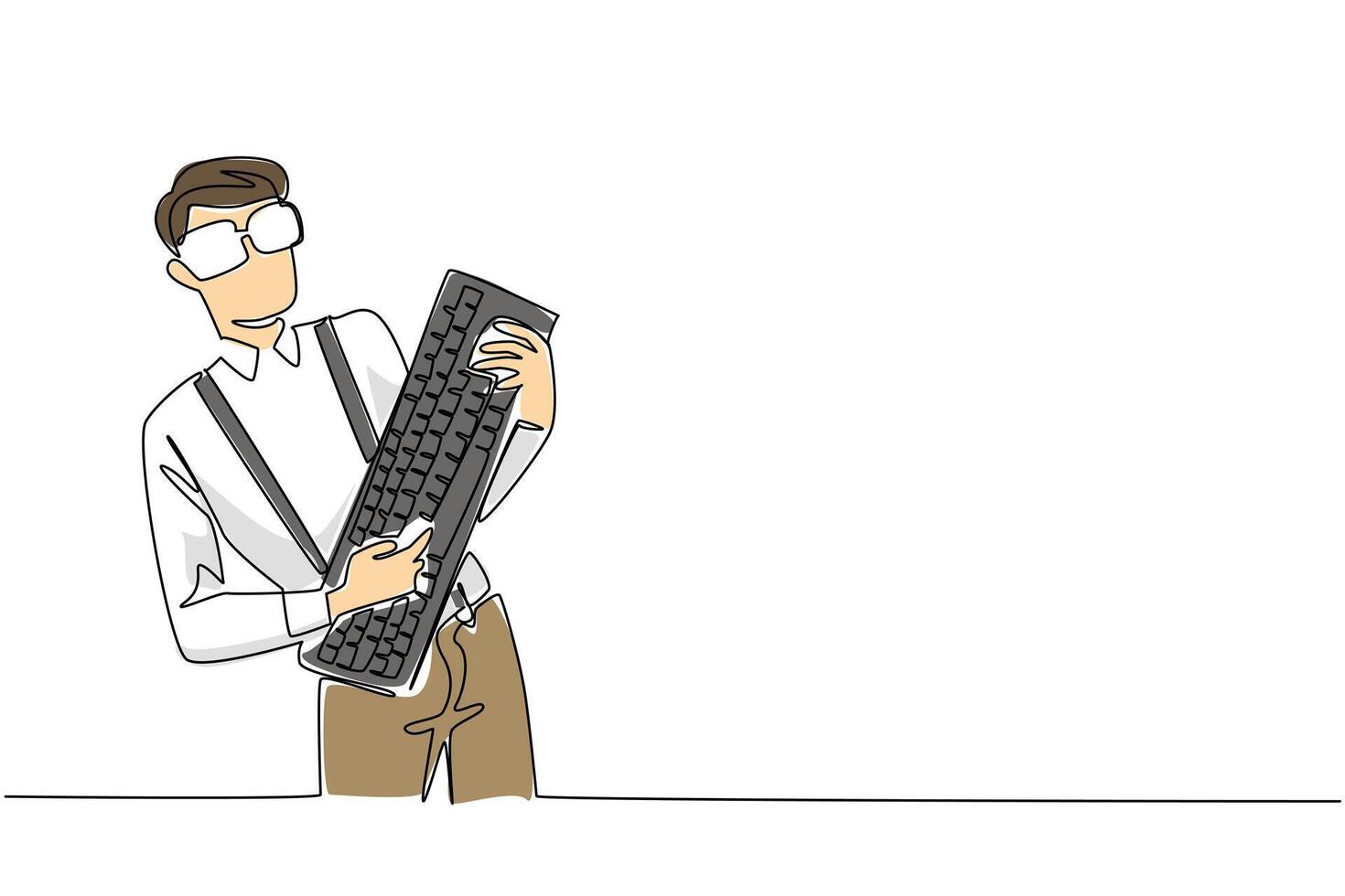 Single one line drawing a man wearing a long sleeved shirt with suspender holding a computer keyboard like playing guitar. game guitar Geek Pride Day. Continuous line design graphic illustration vector