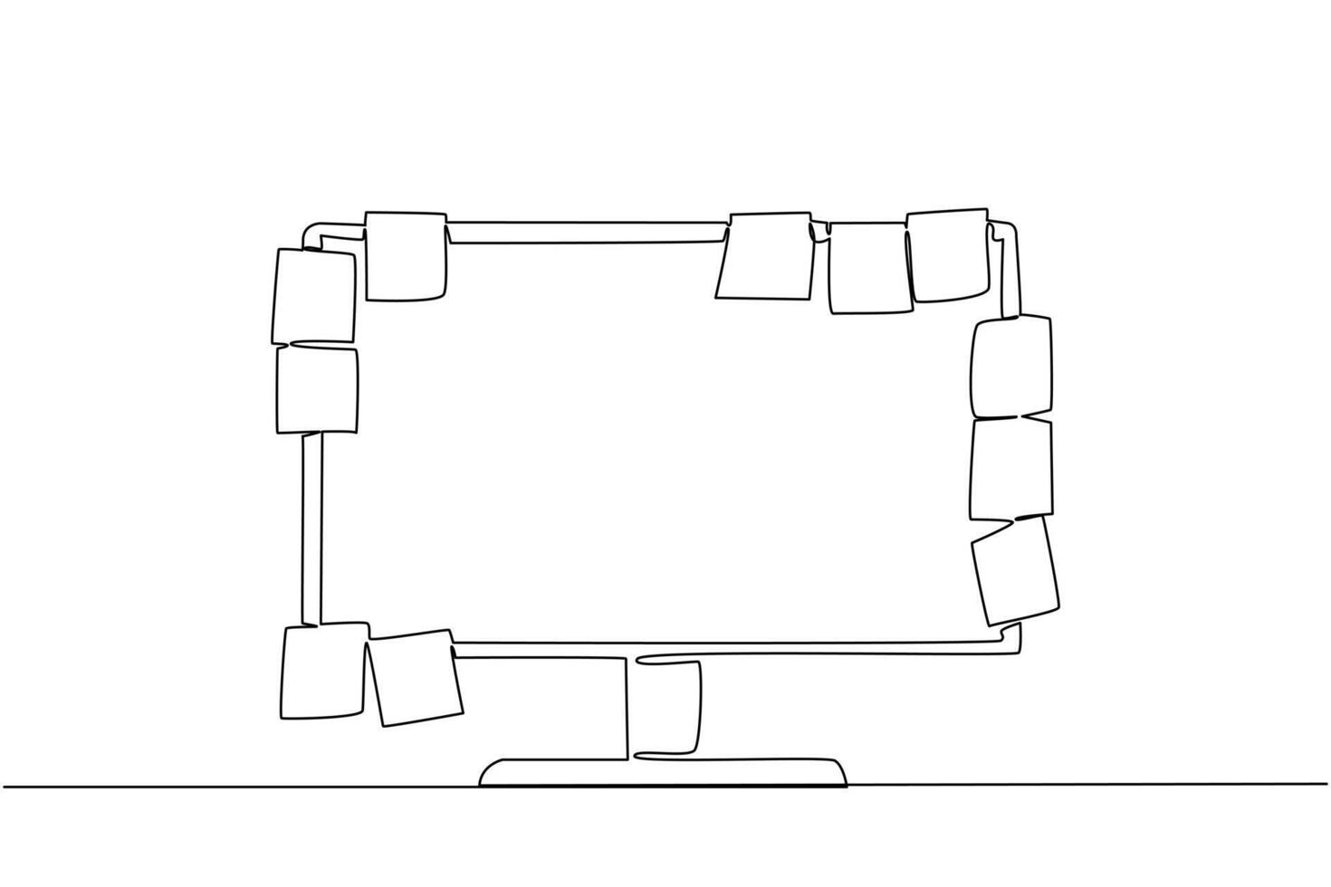 soltero uno línea dibujo un monitor con un montón de memorándum papel atascado a el lados importante información para múltiple cuentas manual. compartido notas memorándum día. continuo línea diseño ilustración vector